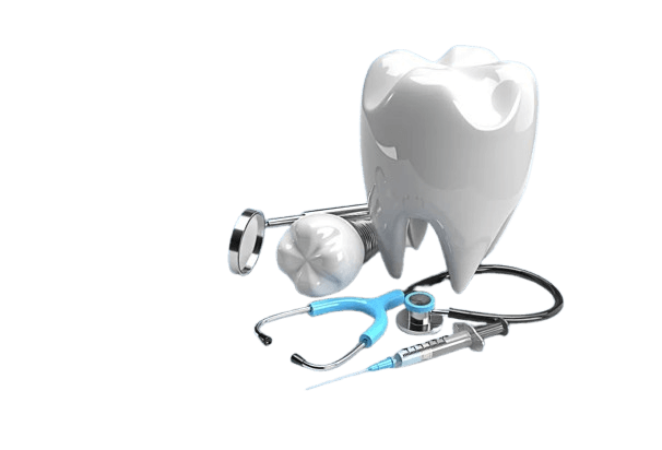 3D illustration of a tooth with dental tools